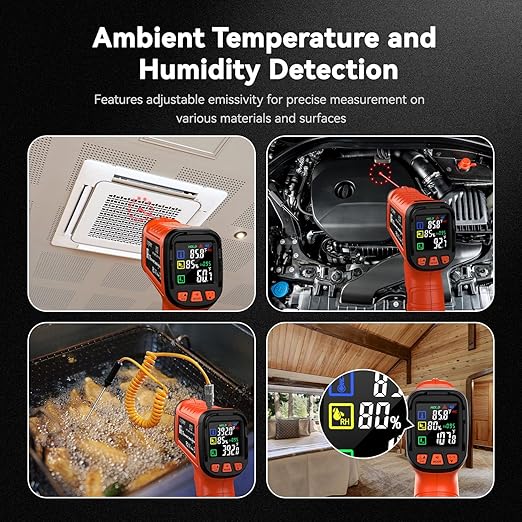 -58°F to 2732°F Infrared Thermometer IR Laser Gun 50:1, Digital Temperature Gun/K-Type Probe -4°F~932°F, Humidity Sensor, High-Temp Pyrometer for Kiln, Forge, Furnace, Industrial Use