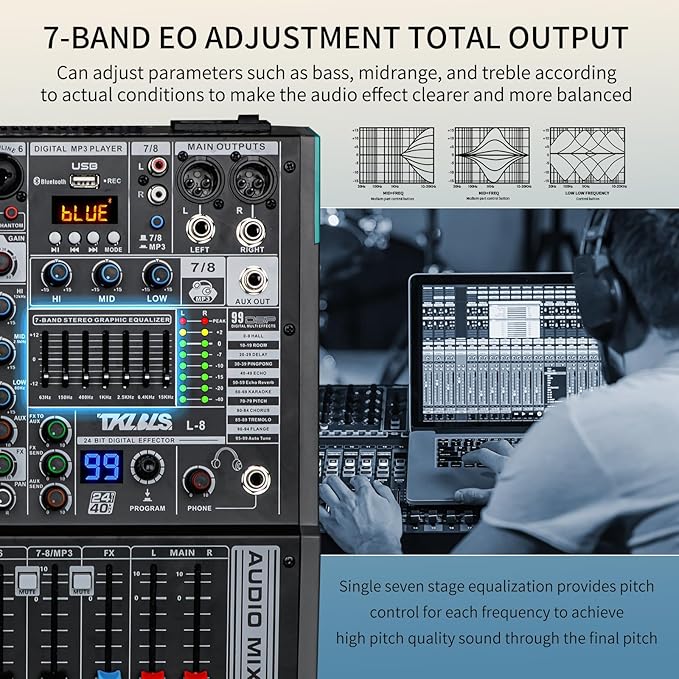 Audio Mixer, TKLBLS Professional 8 Channel DJ Mixer Board with 99-Bit DSP, Sound Board Mixing Console 7-Band EQ Output, USB Audio Interface, Bluetooth 48V Phantom Power For Karaoke Studio Streaming