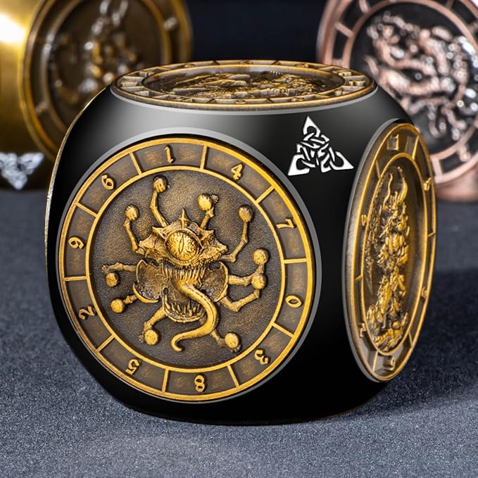 7 in 1 D6 Spinner DND Dice Set D&D, Metal Cube D and D Dice with Gift Box, Dungeons Dragons Role Playing Dice, Black Gold