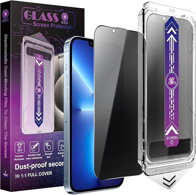 2 Pack Privacy Screen Protector for iPhone 16e/iPhone 14/iPhone 13 Pro/iPhone 13, 9H Tempered Glass, Full Coverage, Anti-Fingerprint, Auto Dust-Elimination, No Bubble, Easy Installation