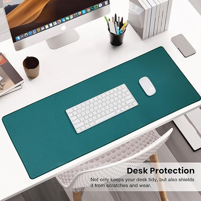 ALOANES Dark Green Waterproof Desk Mat,Large Extended Mouse Mat,Office Desk Protector with Anti-Slip Base,Stitched Edge,Grain Jacquard Surface,Perfect for Gamer,Office&Home, XL(11.81''x27.56''x0.12'')