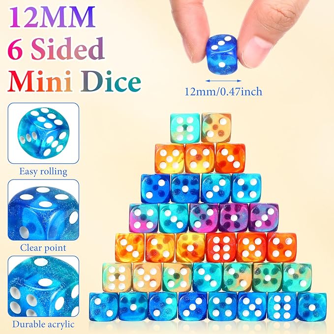 144 Pieces 12mm 6 Sided Mini Dice Set for School Classroom Table Games D6 Game Standard Dice with Portable Plastic Box for Teaching Math Learning(Luminary Color)
