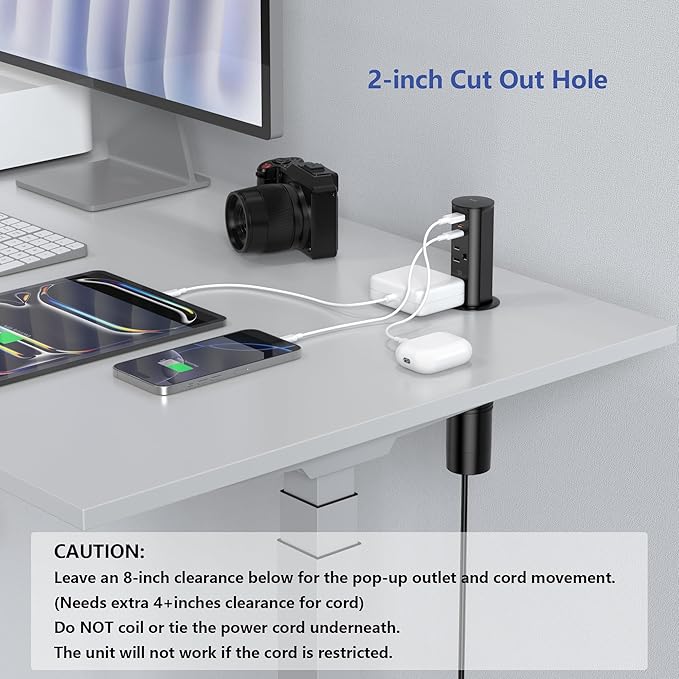 2 Inch Pop Up Outlet for Countertop,Power Grommet 2-inch Desk Wire Hole Insert,20W USB C,2 Outlets,2 USB C/1 USB A,Recessed Outlet,Desk Charging Station (Black, 6 FT Cable)