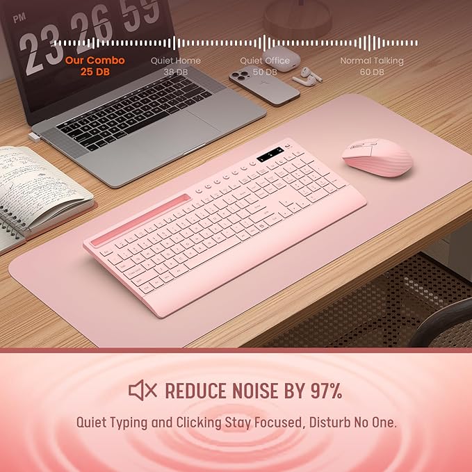 Pink Keyboard and Mouse Wireless, 2.4G Lag-Free Cute Keyboard Combo with Ergonomic Wrist Rest, Phone Holder & Batteries Included, Cordless Silent Key Board Set for Computer, PC, Windows - Trueque