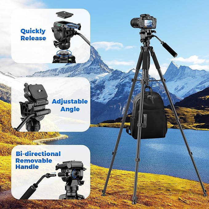Camera Tripod, 75” Heavy Duty Tripod for Camera with Phone Holder and Travel Bag, Compatible with Video Camera, DSLR, Spotting Scopes, Camcorder, GoPro, Cell Phone, Max Load 16LB (Black)