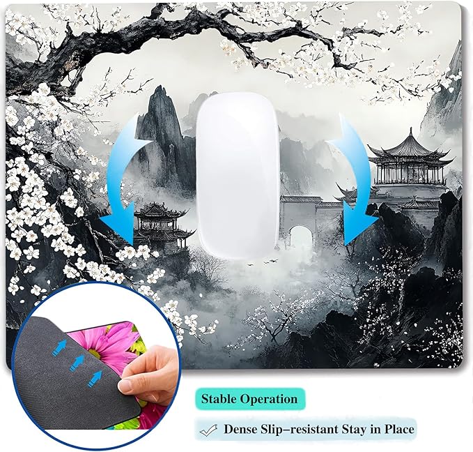 Japanese Aesthetic Landscape Painting Custom Mouse Pad with Non-Slip Rubber, Small Square Design for Wireless Laptop & Computer Mouse Pads for Desk, 9.5 x 7.9 inch Smooth Surface for Gaming & Office