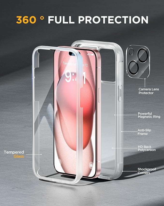 Miracase Glass Series Designed for iPhone 15 Plus Case 6.7',Full-Body Military Drop Proof 15 Plus Phone Case Cover with Built-in 9H Tempered Glass Screen Protector,Frosted Clear