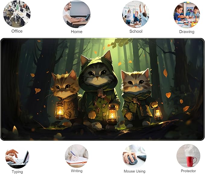 Forest Cats Desk Mat Anime Cat Desk Pad Cute, Kawaii Green Mouse Pad XXL, Large Extended Gaming Mousepad Keyboard Mouse Mat with Stitched Edges, Home Office Decor Pad for Women Girl 31.5x15.75 in