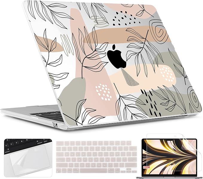 TWOLSKOO for M4 MacBook Air 13.6 inch Case 2025-2022 Release M4 A3240 M3 A3113 M2 A2681, Plastic Hard Shell & Screen Protector & Keyboard Cover & Trackpad Film, Tropical Leaves