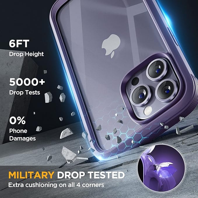 Miracase Glass Series Designed for iPhone 14 Pro Case 6.1 Inch, Upgrade Full-Body Bumper Case with Built-in 9H Tempered Glass Screen Protector, with Camera Lens Protector, Dark Purple