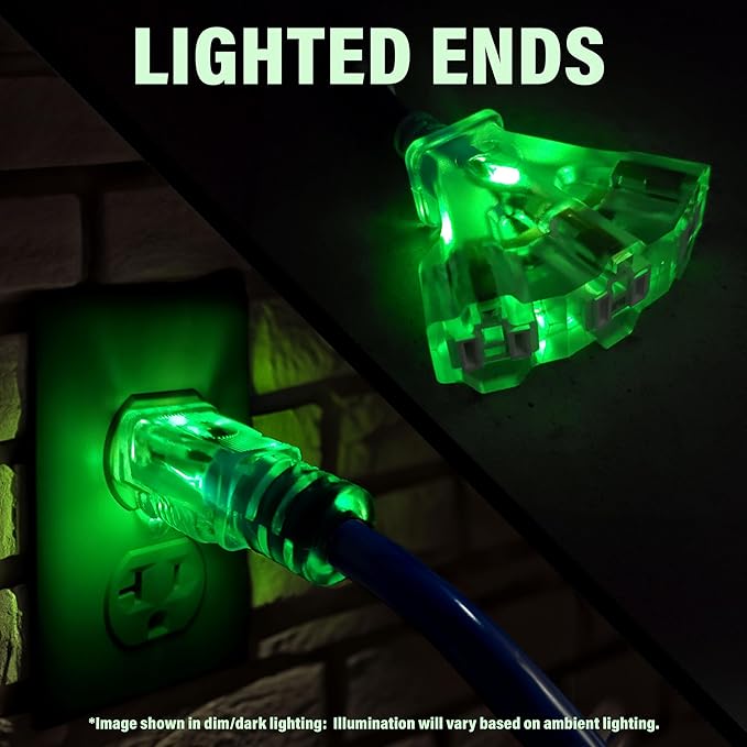 6 ft - 12 Gauge Heavy Duty Extension Cord - Lighted on Both Ends - SJTW Blue - Outdoor Extension_Cord Waterproof 6 ft by Premier Wire - 15 Amp ExtensionCord (6 Foot 12-Awg Power Cord Blue)