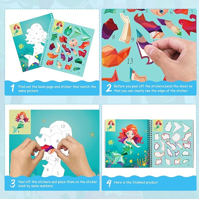 homicozy 4PCS Sticker Paint Books for Kids Ages 4-10,Unicorn Mermaid Animals Designs Paint by Stickers,Sticker by Numbers,Party Birthday Gifts for Girls 4-10,Create 40 Pictures One Stickers at A Time