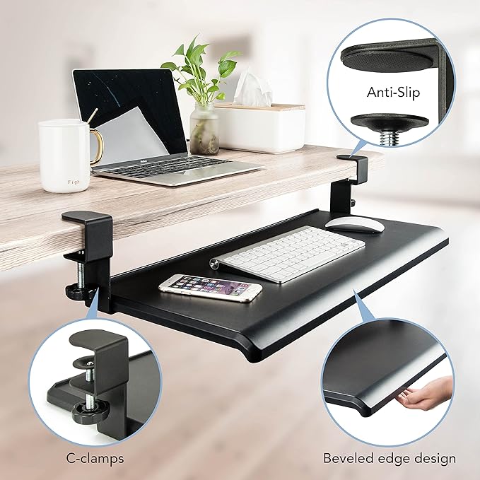 EHO Clamp-On Retractable Adjustable Keyboard Tray, Under Desk Ergonomic Keyboard Tray - Easy Tool-Free Install - Large Surface 27.5" (31.8" Including Clamps) x 12.5" Home & Office