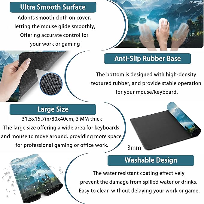 Aesthetic Mountain Vista Desk Mat, Blue Natural Wonder XXL Large Extended Gaming Mouse Pad Mat Non-Slip Mousepad, Computer Keyboard and Mouse Mat, Desk Pad with Stitched Edges, 31.5x15.75 in