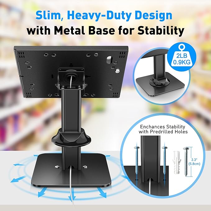 AboveTEK Anti-Theft iPad Kiosk Stand – POS iPad Security Stand & Locking Tablet Stand – Heavy Duty Base, 360° Swivel, 75° Tilt Bracket – Perfect for Retail Business (Black)