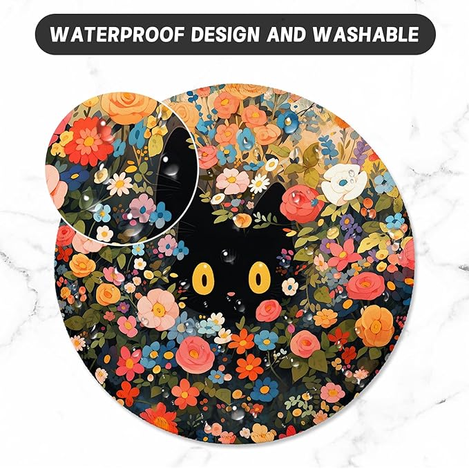 ITNRSIIET Round Mouse Pad with Stitched Edge Premium-Textured Waterproof Non-Slip Rubber Base Desktop Protection Mat Diameter 8.7 inches, Flower Cat
