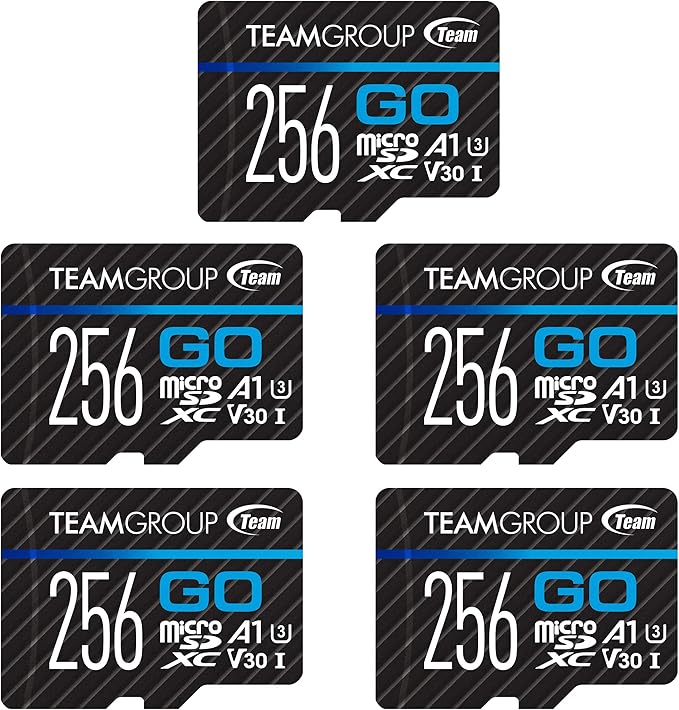 TEAMGROUP GO Card 256GB x 5 Pack Micro SDXC UHS-I U3 V30 4K for GoPro & Drone & Action Cameras High Speed Flash Memory Card for Outdoor Sports, 4K Shooting, Nintendo-Switch TGUSDX256GU368