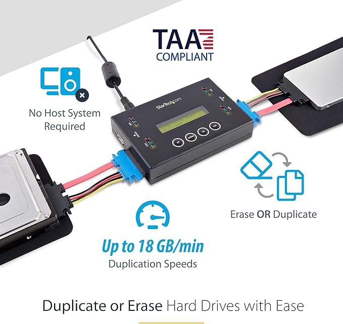 StarTech.com 1:1 Standalone Hard Drive and USB Thumb Drive Duplicator/Eraser, USB Flash and SATA HDD/SSD Disk Cloner/Copier and Wiper, Toolless Sanitizer, LCD Display, TAA Compliant (SU2DUPERA11)