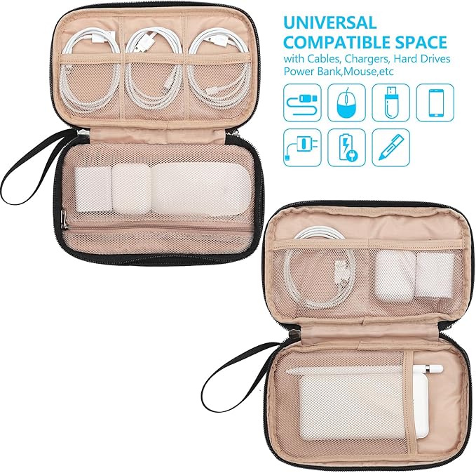 NISHEL Travel Cord Organizer Case, Double Layers Tech Electronic Bag, Essentials for Charger, Cable, Phone, Flash drive, Black