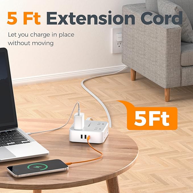 Surge Protector Power Strip, TESSAN 5 Ft Flat Plug Extension Cord with Multiple Outlets, 3 USB (1 USB C PD 20W), 8 Outlets, 900J Surge Protection, for Home, Office, Dorm Room Essentials, 1250W