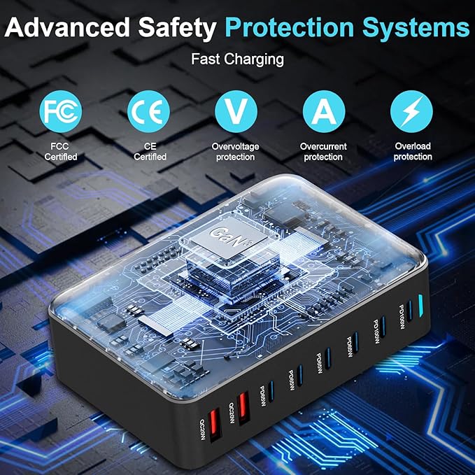 500W USB C Fast Charger Block, 8 Port USB Charging Station, GaN Ⅲ Pro Double 100W PD PPS Port Fast Charging Station for Multiple Devices,Laptop Wall Charger Compatible with MacBook/iPhone 16/iPad etc