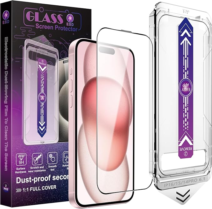 2 Pack Screen Protector for iPhone 14 Pro/iPhone 15 / iPhone 16, 9H Tempered Glass, Full Coverage, Anti-Fingerprint, Auto Dust-Elimination, No Bubble, Easy Installation