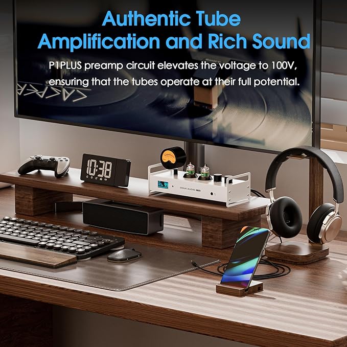 Douk Audio 2 Channel Bluetooth Vacuum Tube Preamp, Hi-Fi Headphone Amp, USB DAC PC Sound Card, Wireless Receiver Audio Preamplifier with VU Meter, Optical, Coaxial, APTX, LDAC, DSD256, Remote Control