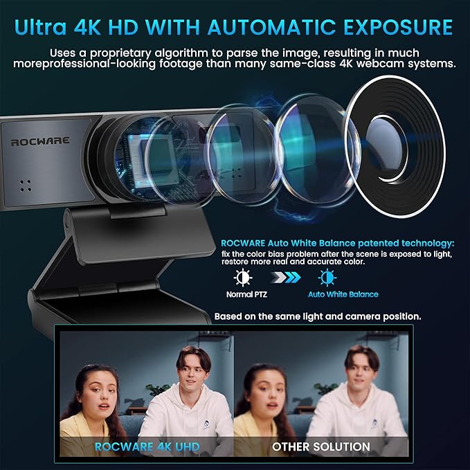 ROCWARE 4K Webcam with Remote, RC16 Computer Camera with Microphone,1080p 60fps FHD,AI Tracking,Privacy Cover, WDR,110°FOV,8X Digital Zoom,Streaming Camera for PC/Meeting/Teaching/Zoom