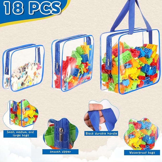 18 Packs Large Toy Storage Bags with Labels, Clear PVC Bags Travel Waterproof Kids Toy Organizer Bags with Zipper for Building Blocks Puzzle Kids Books (Blue)