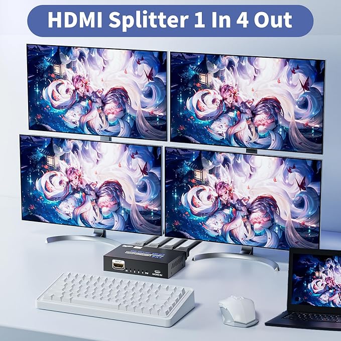 HDMI Splitter 1 in 4 Out 4K@30Hz, Powered 1x4 HDMI Video Splitter 4 Ports with Power Cord, Duplicate/Mirror Screen, Supports UltralHD 3D 1080P HDCP 1.4 for HDTV, STB, DVD, PS5/4/3, Projector, Etc