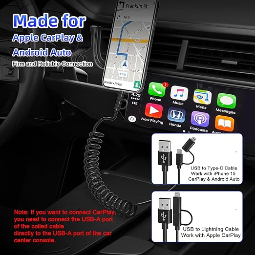 USB to USB-C and Lightning Cable Combo 2 in 1 Coiled Cable Support Apple Carplay & Android Auto [MFi & 3A Fast Charge & Data Sync] Coiled Lightning and USB C Cable for iPhone 17/16/15/14/13/12/Android