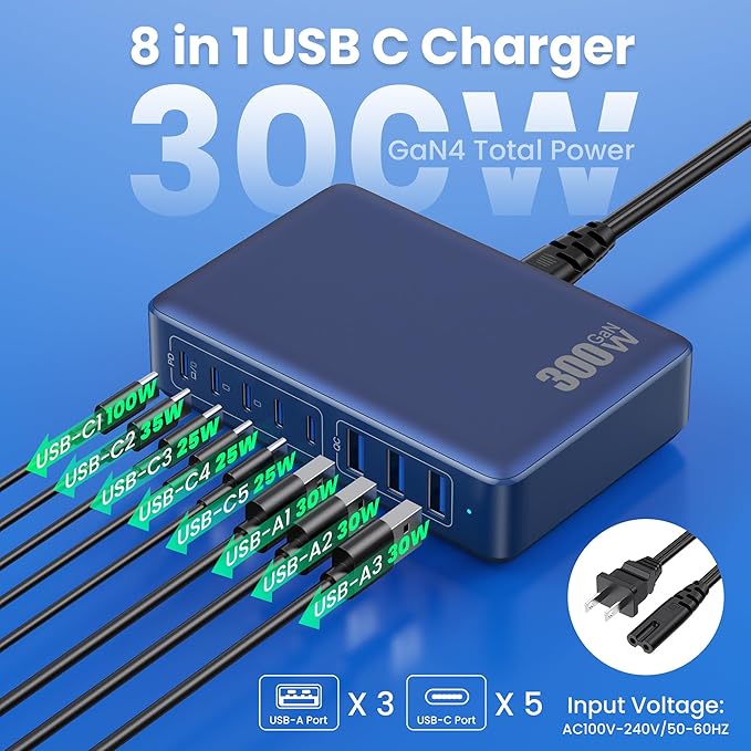 USB C Charger 300W USB C Charger Block 8-Ports GaN IV Fast Charging Station,PD 100W Laptop Charging Hub Wall Charge Adapter Compatible with MacBook/Air,DELL,Steam Desk,iPhone 16/15/14,Galaxy