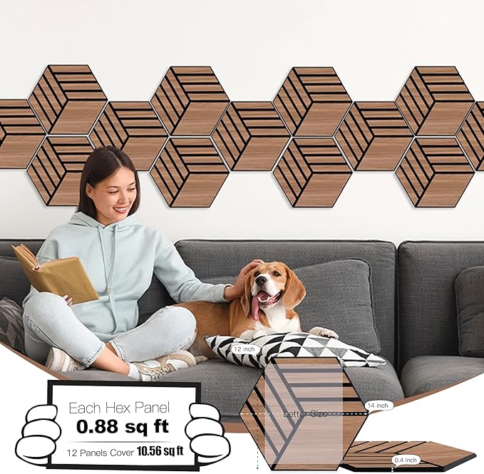 Mollywell Hexagon Acoustic Panels, Walnut TW4, 14x12x0.4 Inch, 12 Pack |Wood Veneer|High Density Sound Proofing Wall Panels|Self Adhesive Sound Dampening Felt Wall Tiles|Home Theater|Gaming Room|