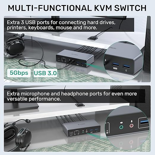 HDMI Displayport KVM Switch, 2 Computers 2 Monitors 4K@60Hz KVM Switcher Dual Monitor for 2 PC, 3 USB 3.0 Ports Support Extended/Mirror Mode with Desktop Controller&2 USB Cables&Power Adapter