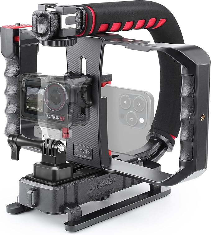 Zeadio Camera Handheld Stabilizer with Smartphone Video Cage Rig, Triple Cold-Shoe Handle Grip Compatible with All Camera Action Camera DSLR Smartphone
