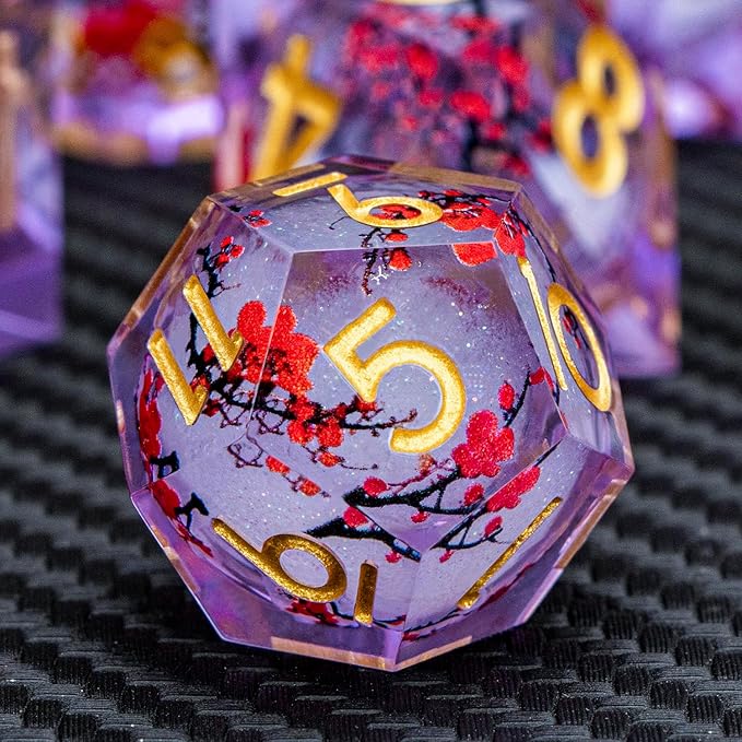 ARUOHHA DND Resin Dice Plum Blossom Liquid Core Golden Purple Sharp Edged Dragons Polyhedral Dice Set with Gift Box, Dungeons D and D Dice Set Role Playing Game D20 D12 D10 D8 D6 D4