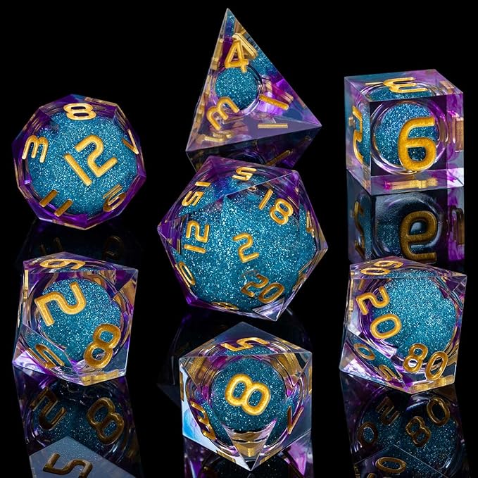 ARUOHHA Liquid Core DND Dice Set, 7pcs Resin Sharp Edged Dice RPG Purple Polyhedral D and D Dice with Gift Box, Role Playing Dice Set D20 D12 D10 D8 D6 D4