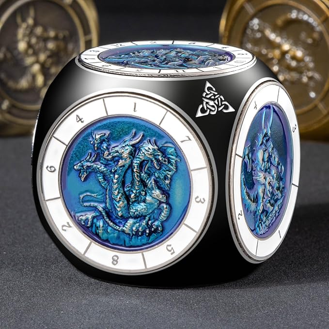 7 in 1 D6 Spinner DND Dice Set D&D, Metal Cube D and D Dice with Gift Box, Dungeons Dragons Role Playing Dice, Black Blue