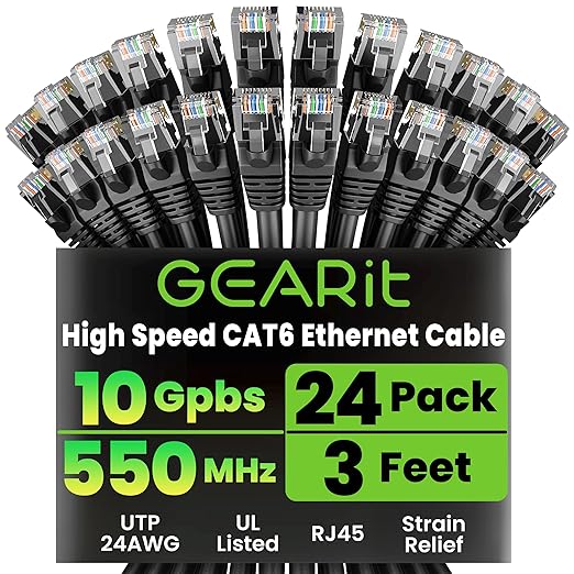 GEARit Cat 6 Ethernet Cable Pack - 24-Pack 3 ft Cat6 Ethernet Patch Cables | RJ45 Network Patch Cable, 10 Gbps Snagless Gold-Plated Connectors - Ethernet Cable Cat 6 for PC, TV, Router - Black