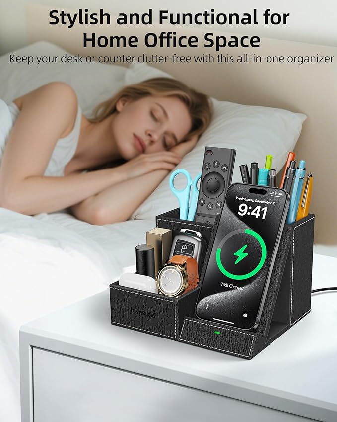 Wireless Charger with Desk Organizer, Pen Pencil Holder, Multifunctional Desktop Organizer, Office Supplies and Desk Accessories Organizer with 3 Compartments and 1 Phone Stand