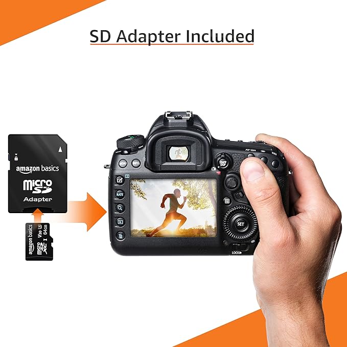Amazon Basics MicroSDXC UHS-I Class 10 Memory Card with Full Size Adapter, A2, U3, V30, 4K, Read Speed up to 100 MB/s, 64 GB (2pack), for GoPro Cameras Storage, Black