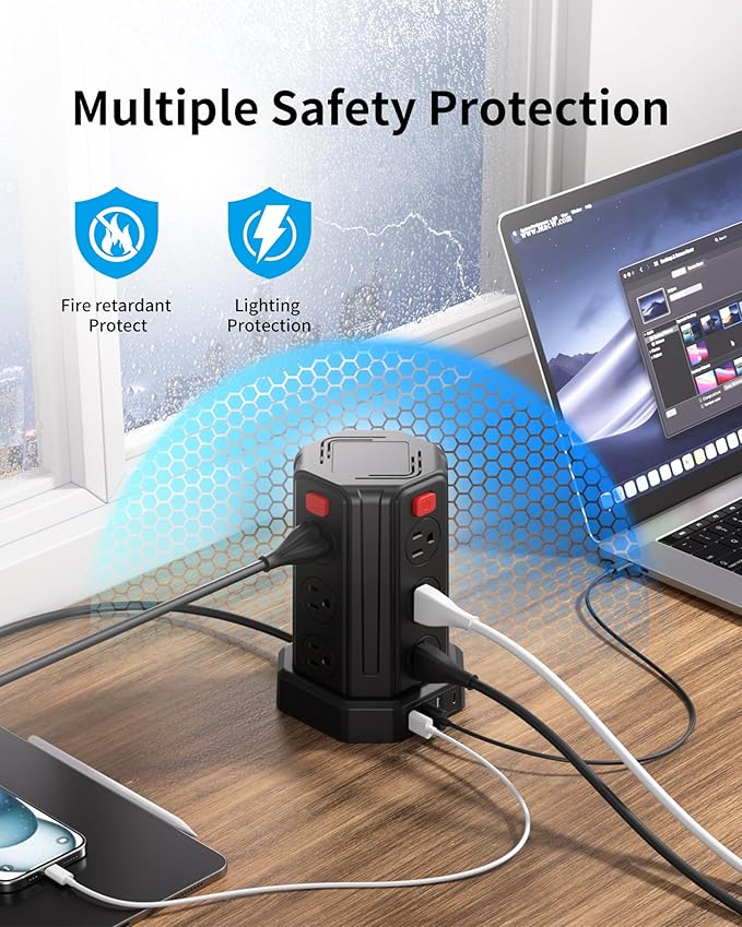 Power Strip Surge Protector, 6.5 Ft Extension Cord with 12 AC Multiple Outlets 4 USB (1 USB C), SMALLRT Power Tower Desktop Charging Station (Black, 6.5 Ft)