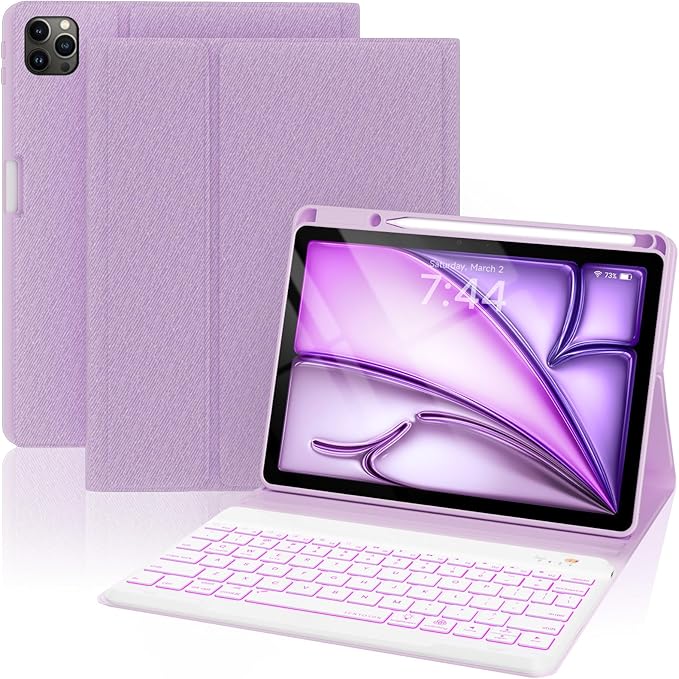 Keyboard Case for iPad Air 5th/4th Pro 11 inch, 7-Color Backlit Detachable Wireless Keyboard Case with Pencil Holder, Stand Folio Cover for Gen 2020/2022, Pro 4th/3rd/2nd/1st Gen, Purple…