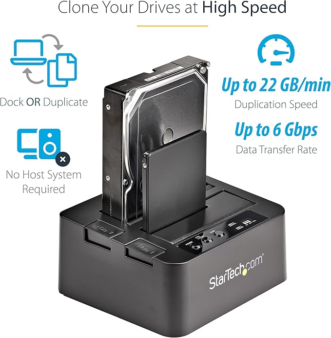 StarTech.com Standalone Hard Drive Duplicator, External Dual Bay USB 3.0 (5 Gbps) / eSATA to 2.5/3.5" SATA III HDD/SSD Cloner/Copier, Hard Disk Docking Station, Cloning/Recovery (SDOCK2U33RE),Black