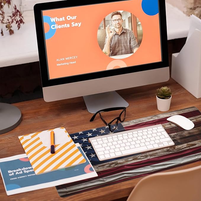 Large Gaming Mouse Pad for Desk,Wooden American Flag Desk Mat,Wooden USA Flag Desk Pad,Extended Big Computer Keyboard Mouse Pad with Non-Slip Base and Stitched Edge,31.5"x11.8"