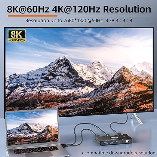 KVM Switch 1 Monitor 2 Computers 8K@60Hz, HDMI KVM Switches for 2 PC Sharing Single Monitor and Keyboard Mouse with Power Adapter, Wired Extend Controller and USB3.0 Cables