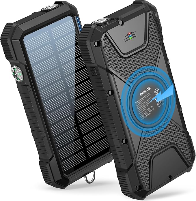 BLAVOR Solar Power Bank, PD18W QC3.0 Fast Charging 10W Wireless Charger 20000mAh Solar Powered Powerbank with Type C Input/Output, IPX5 Waterproof, Camping Flashlight, Compass, Carabiner