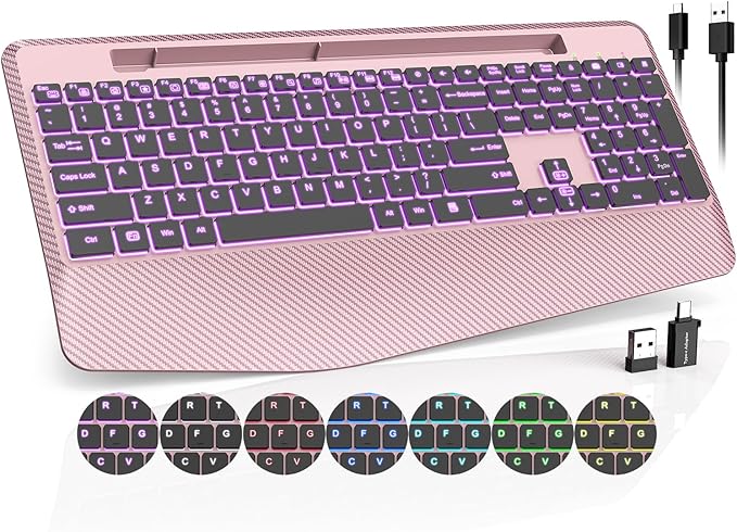 Wireless Keyboard with 7 Colored Backlits Wrist Rest, Phone Holder, Rechargeable Ergonomic Computer Keyboard with Silent Key, Full Size Lighted Keyboard for Windows, Mac, PC, Laptop (Rose gold)