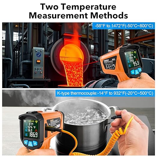 Infrared Thermometer Gun, TEMIRUP Digital Laser Temperature Gun, -58°F to 1472°F, Non Contact IR Temp Gun with Color LCD for Industrial, Cooking, Griddle, Engine, HVAC,Adjustable Emissivity & Humidity