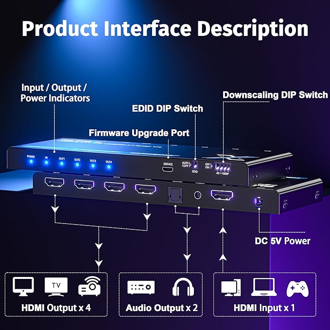 4K HDMI Splitter 1x4 with Audio Extractor, Downscaler & EDID, 4K@60Hz HDR HDMI 2.0 18Gbps HDMI Duplicator with TOSLINK & 3.5mm Stereo Out, Support HDCP 2.2 for TV, PS5, Xbox, Roku, Projector, Switch2